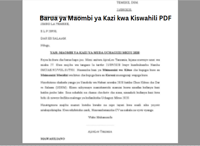 Barua ya Maombi ya Kazi kwa Kiswahili PDF